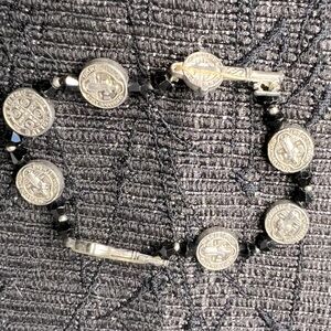 Silver Saints Medallion, Black & Silver Beaded Bracelet